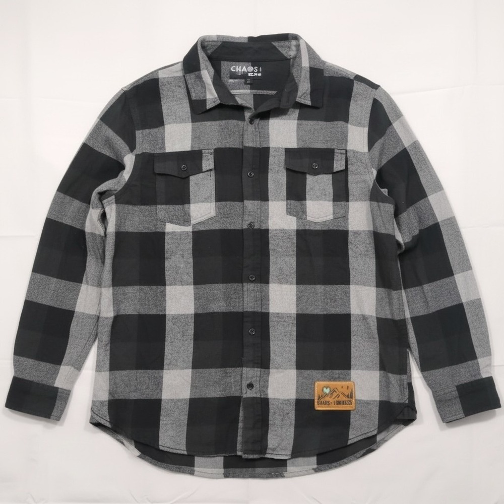 Chaos & Kindness Mens XL Flannel Shirt Buffalo Plaid Black Grey Button Down XL